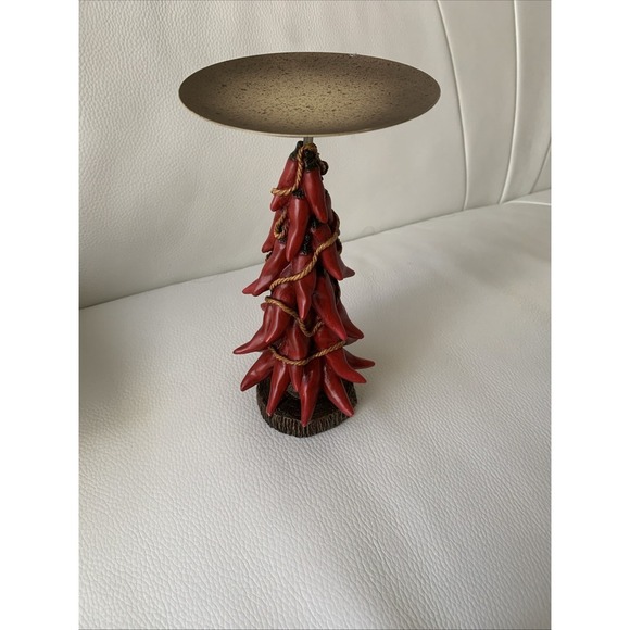 Red Chili Pepper Christmas Tree Pillar Candle Holder Southwest Holiday Decor - Picture 2 of 4